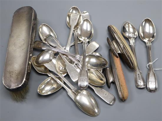 Fourteen assorted items of small 19th century silver flatware, two silver mounted nail buffers and a silver mounted brush.